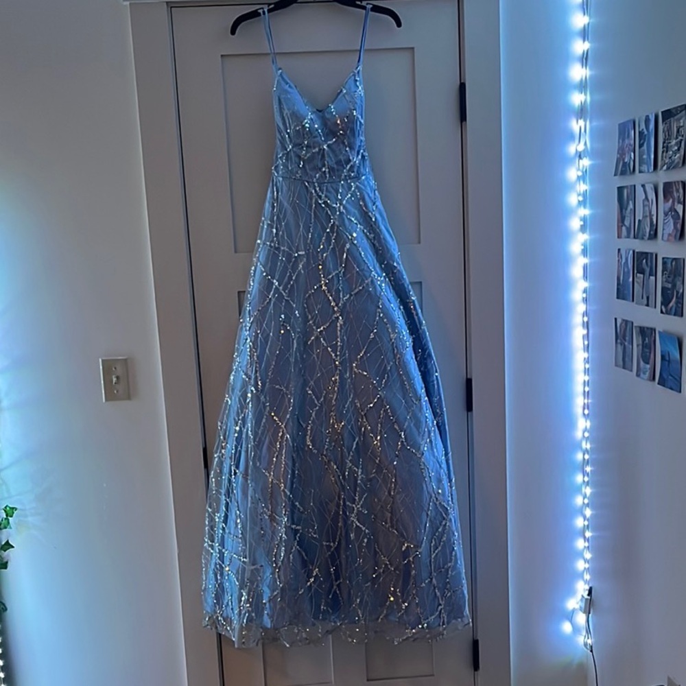 Elegant Blue Prom Dress with Silver Accents